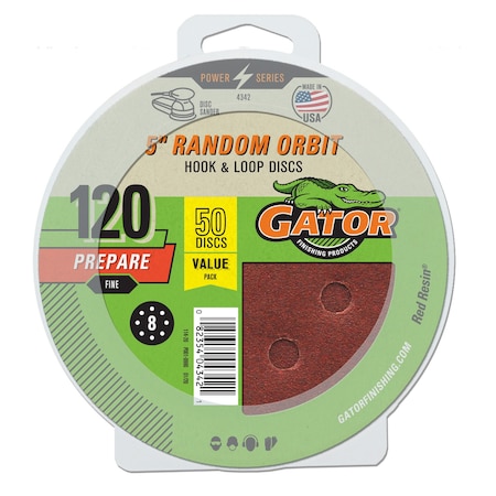 Gator Finishing 5" Red Resin Random Orbit Sander Hook and Loop Discs, 120 Fine Grit Prepare 4342